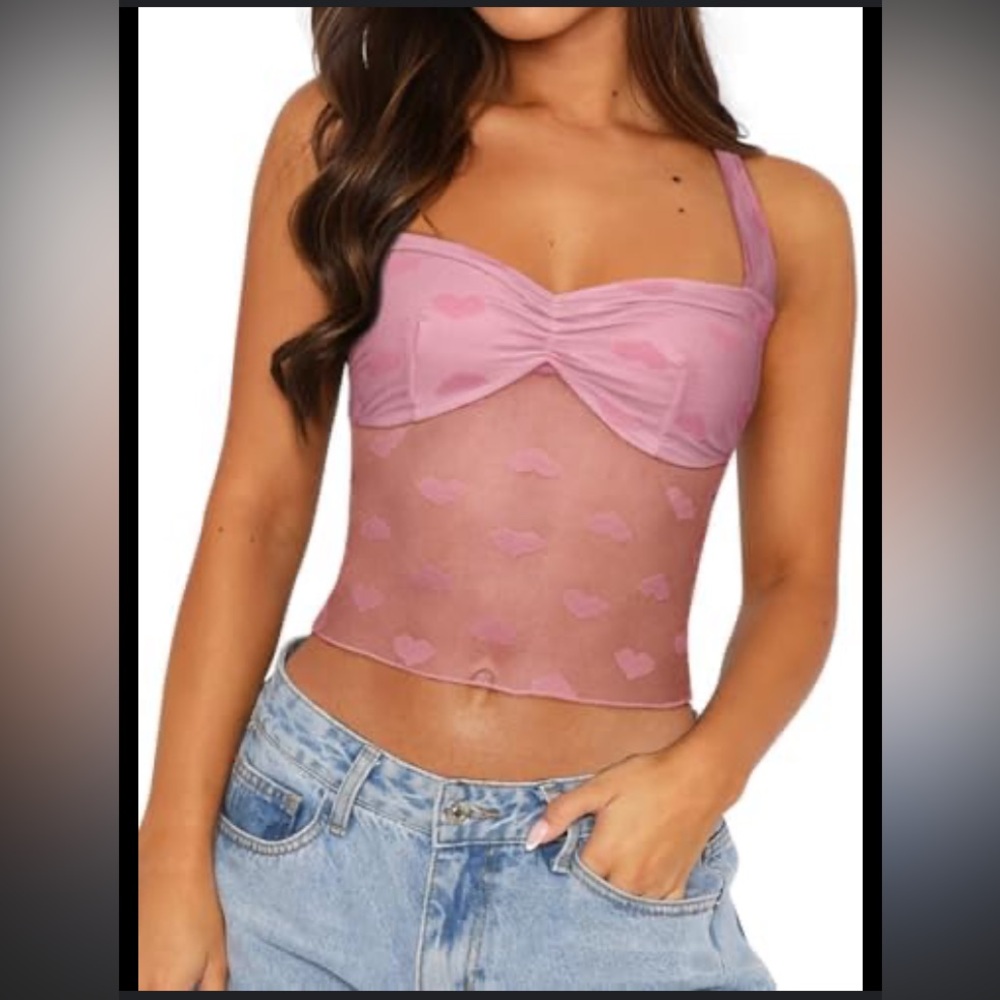 ReoRia Pink Heart Mesh Crop Top